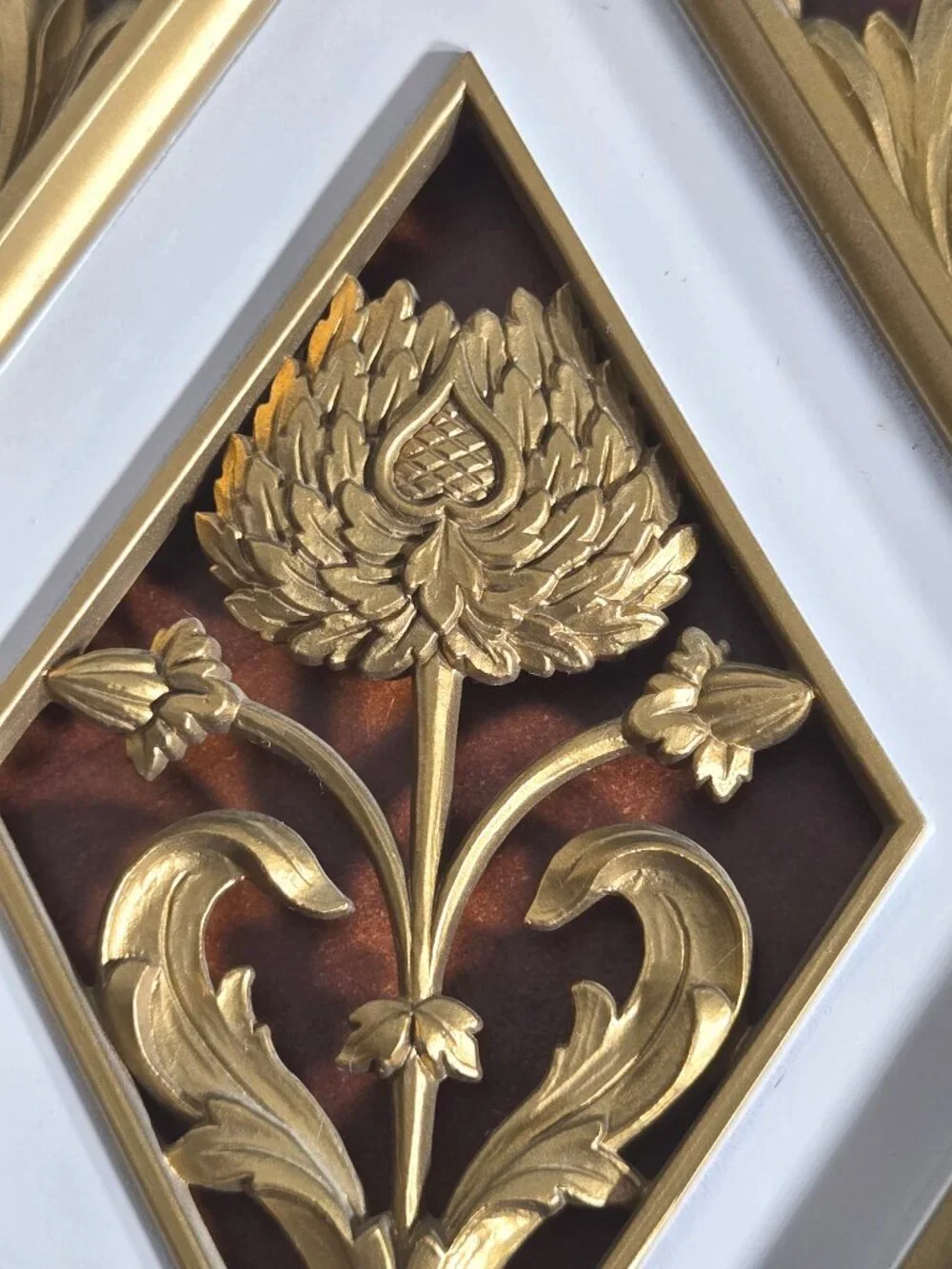 Vintage 1970s Homco Gold Diamond Floral Wall Art - Faux Wood Resin Set of 4